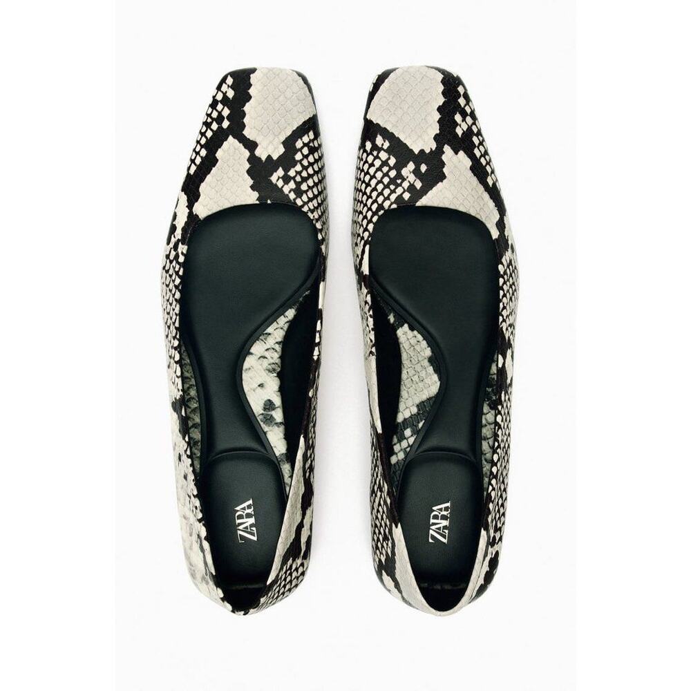 Zara Black and Cream Snake-Print Square-Toe Flats